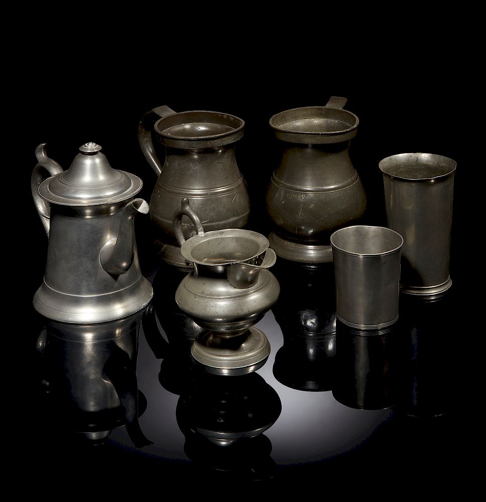 Appraisal: Pewter Pitchers Beakers Assorted pewter items comprising a small beaker