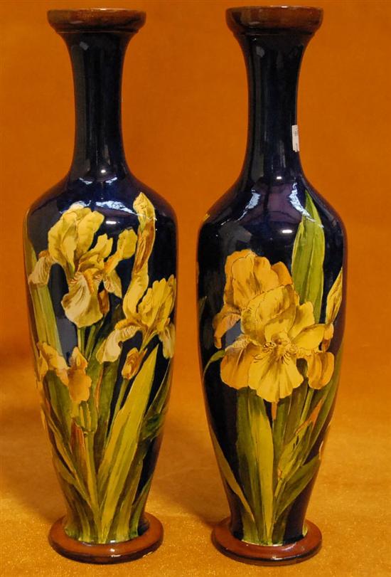 Appraisal: PAIR ROYAL DOULTON FAYENCE TAPERING VASES Blue ground with yellow