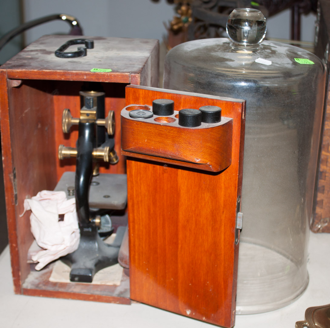 Appraisal: Glass dome and cased microscope