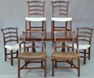 Appraisal: Mahogany seven piece dining set including mahogany inlaid double pedestal