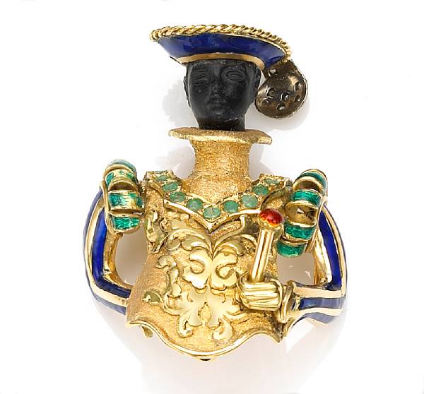 Appraisal: An emerald diamond and enamel blackamoor brooch mounted in eighteen