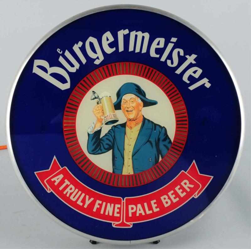 Appraisal: Burgermeister Reverse Glass Spinner Sign Solid example little to no