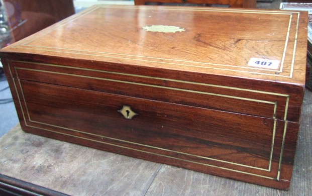 Appraisal: A George IV rosewood and brass line-inlaid writing box circa