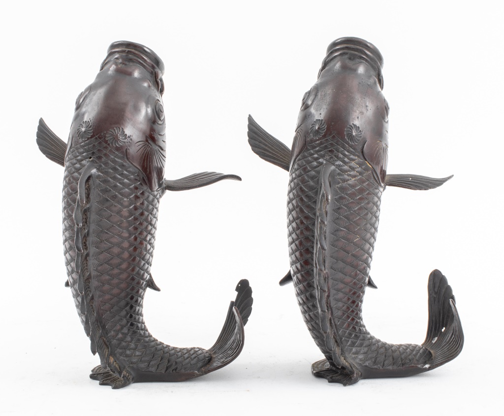 Appraisal: JAPANESE MEIJI BRONZE CARP FORM VASES PAIR Pair of Japanese