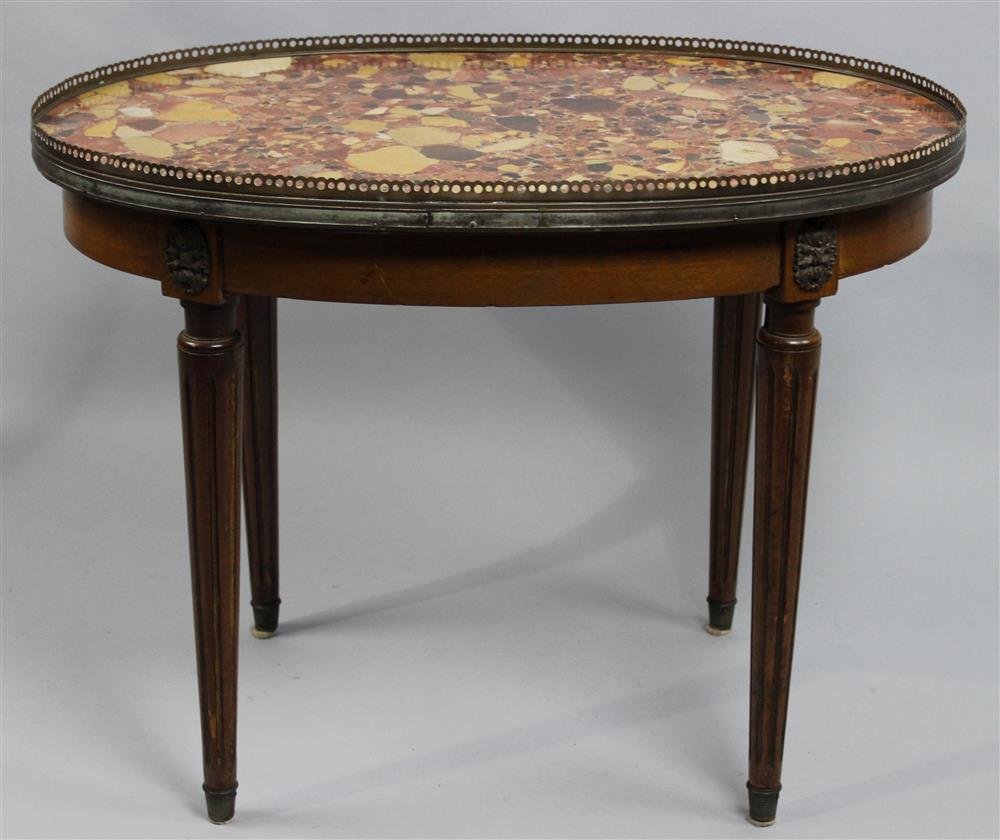 Appraisal: LOUIS XVI STYLE OVAL END TABLE WITH MARBLE TOP having