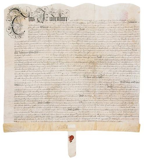 Appraisal: PENN William Engraved indenture on vellum with manuscript insertions signed