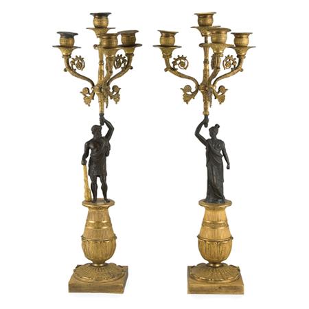 Appraisal: Pair of Charles X Gilt and Patinated-Bronze Four-Light Candelabra Estimate