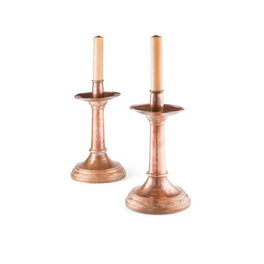 Appraisal: ENGLISH PAIR OF ARTS CRAFTS CANDLESTICKS CIRCA copper cm high