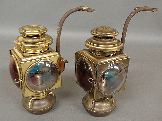 Appraisal: - Pair of brass early automobile carriage lanterns signed E