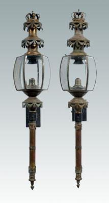 Appraisal: Pair iron and brass lanterns curved and beveled clear glass