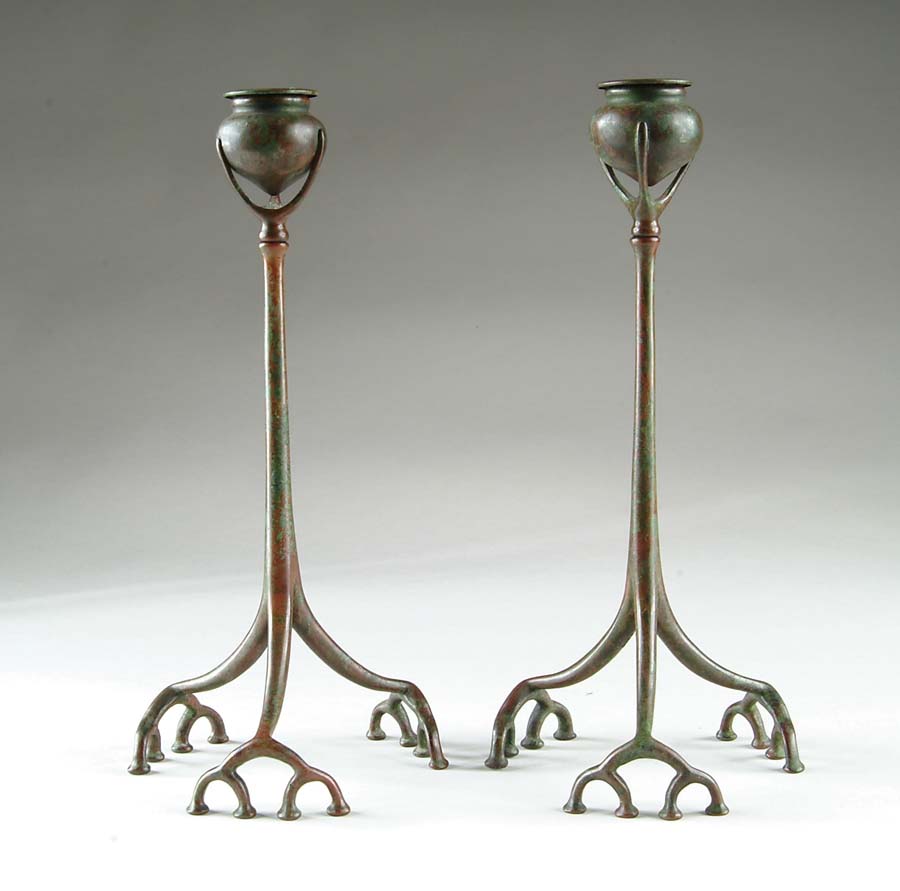 Appraisal: TIFFANY STUDIOS ROOT CANDLESTICKS Very nice matched pair of Tiffany