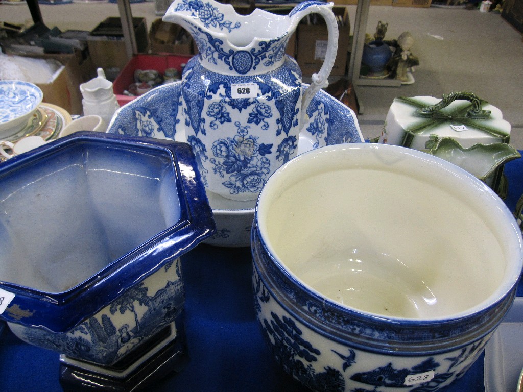 Appraisal: Royal Doulton blue and white 'Willow' jardiniere Cauldon ewer and