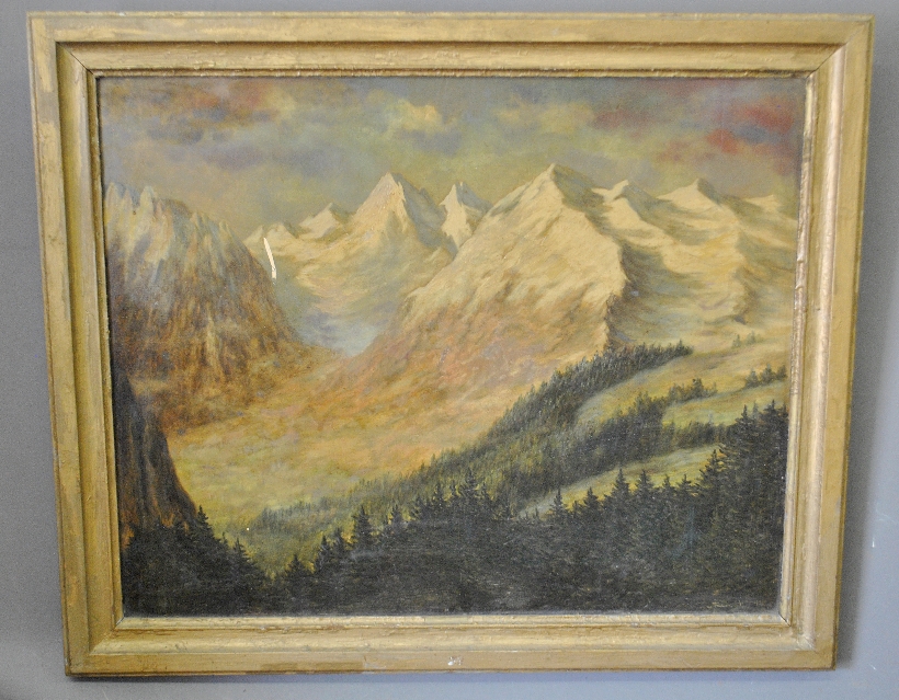 Appraisal: - Oil on panel mountain landscape painting signed l r