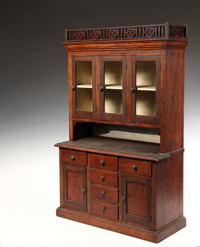 Appraisal: MINIATURE CUPBOARD - Late th c Stepback Cupboard in varnished