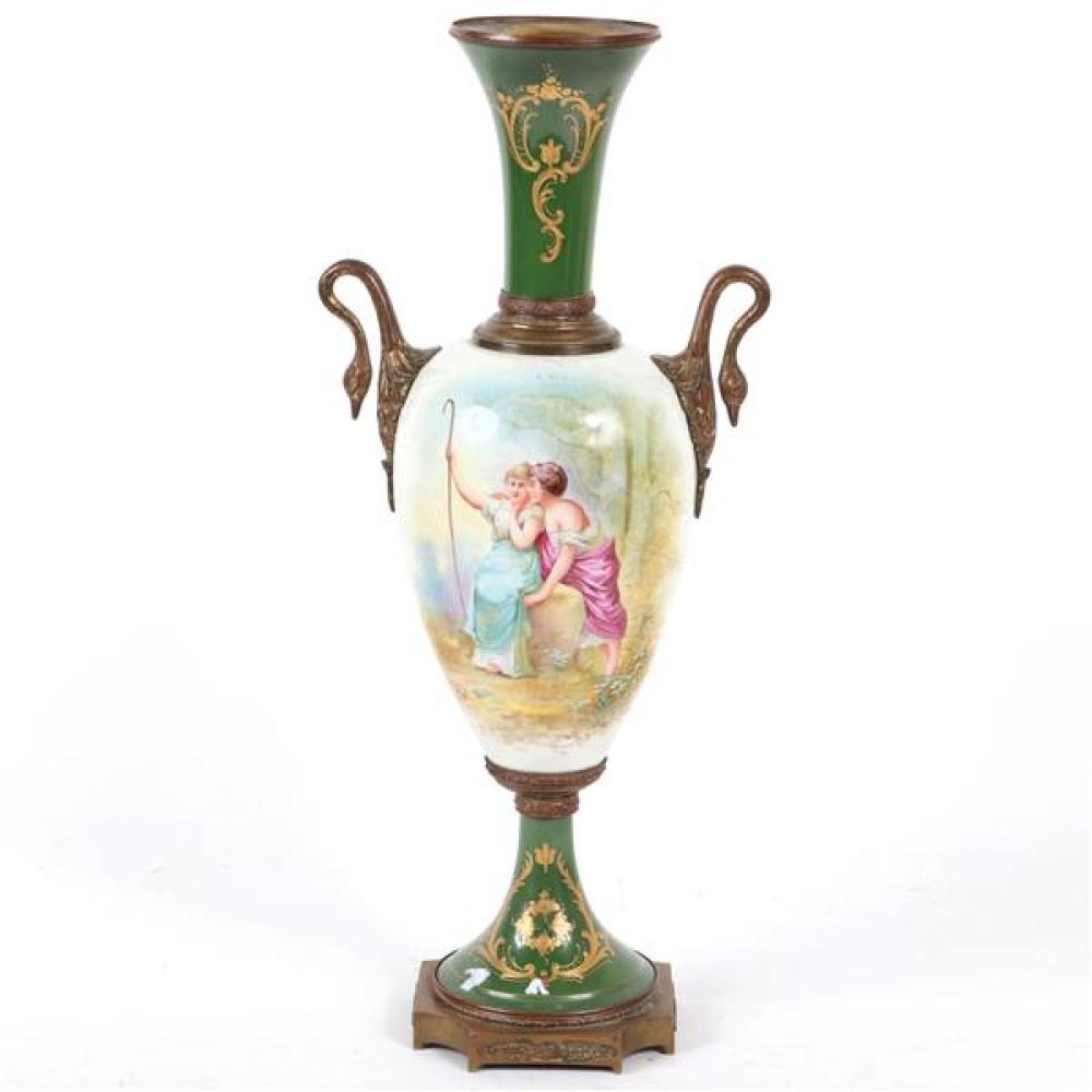 Appraisal: LARGE FRENCH VICTORIAN ENAMELED BRONZE URN WITH SWAN FORM HANDLES