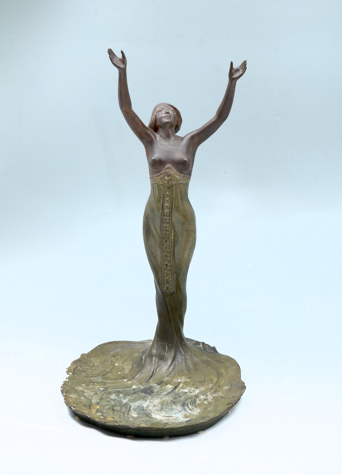 Appraisal: E MARISOL ART NOUVEAU FIGURAL HARD TRAY Patinated Metal approx