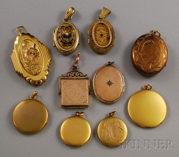 Appraisal: Ten Antique Gold and Gold-tone Lockets including gem-set and engraved