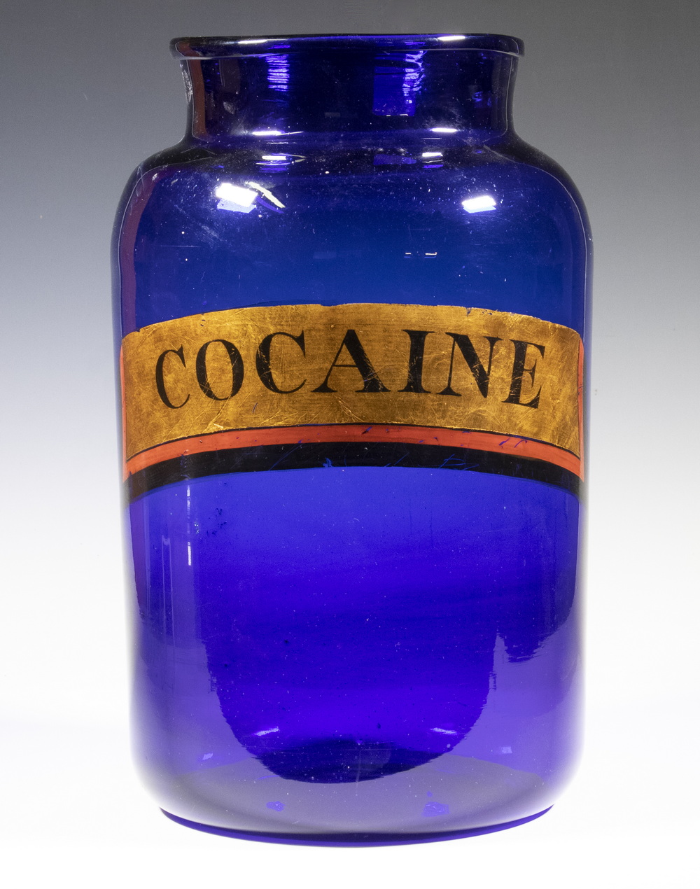 Appraisal: LARGE BLUE GLASS APOTHECARY JAR LABELED COCAINE Broad-mouthed Cobalt Jar