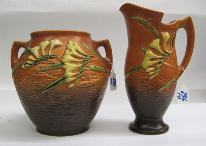 Appraisal: SEVEN PIECES ROSEVILLE POTTERY in the Freesia pattern Four pieces