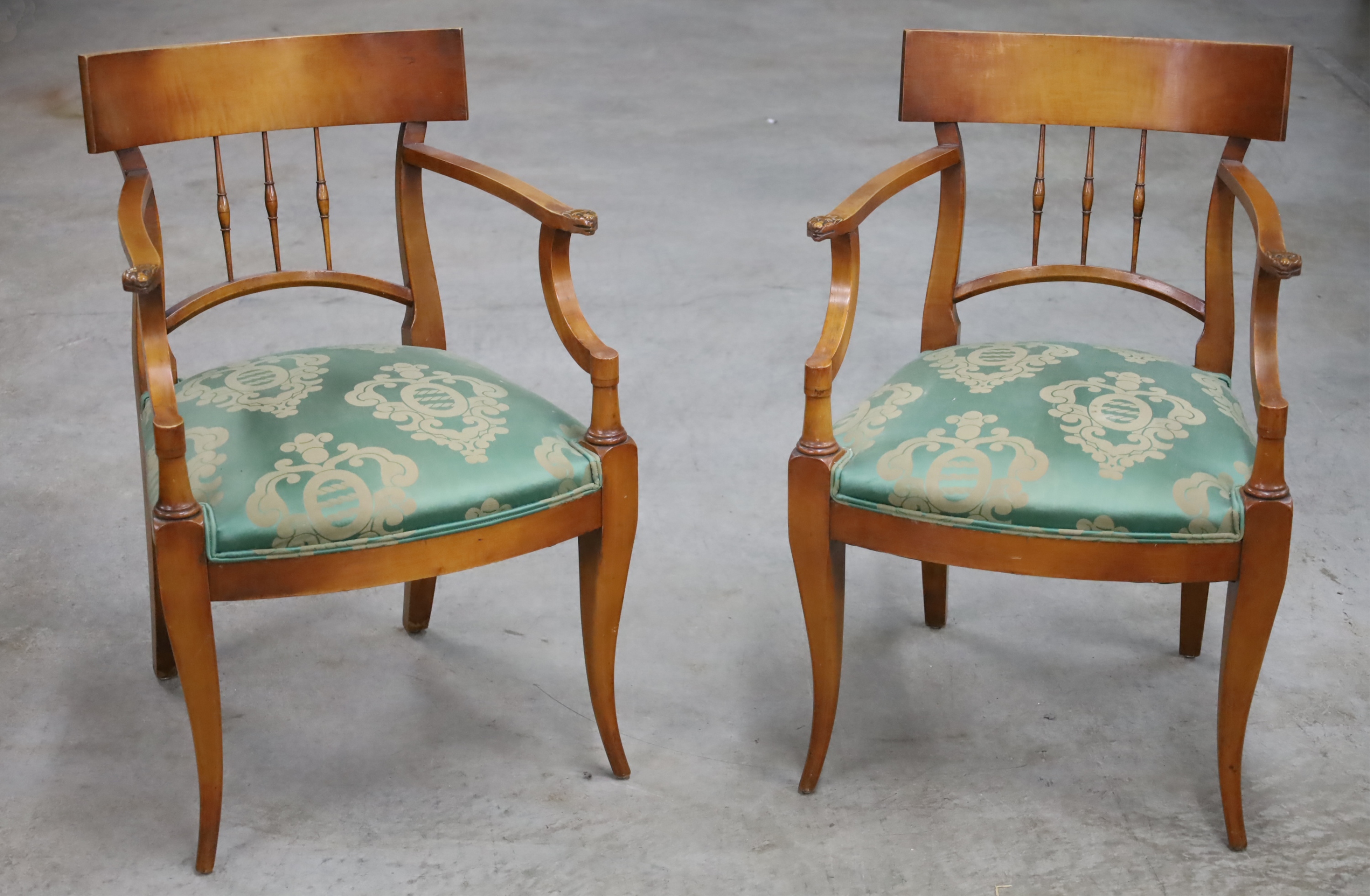 Appraisal: PAIR OF SATIN BIRCH REGENCY STYLE ARMCHAIRS Pair of Continental