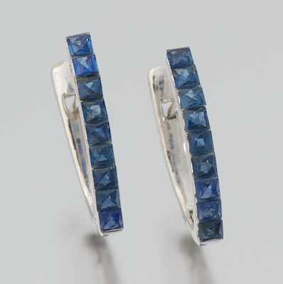 Appraisal: A Pair of Blue Sapphire Earrings k white gold flattened