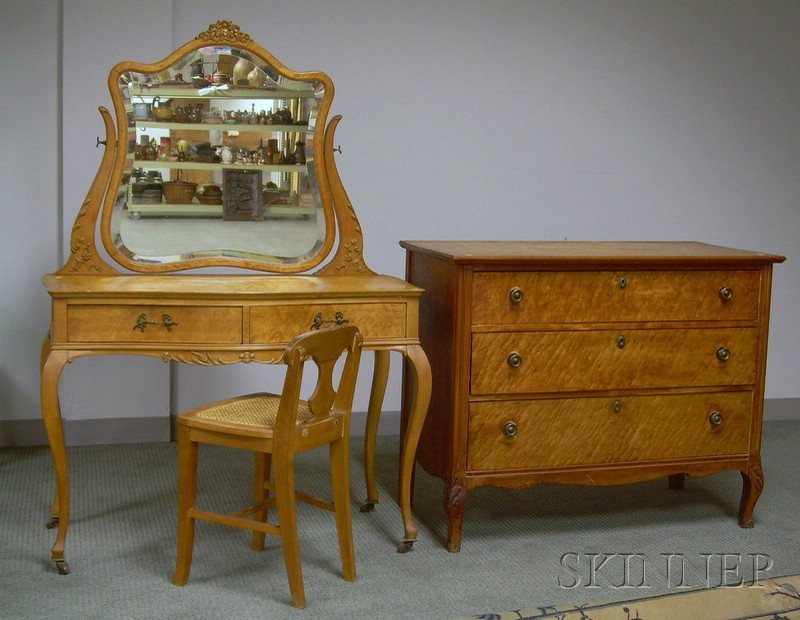 Appraisal: Rococo-style Bird's-eye Maple Veneer Dresser and Mirrored Vanity with Seat