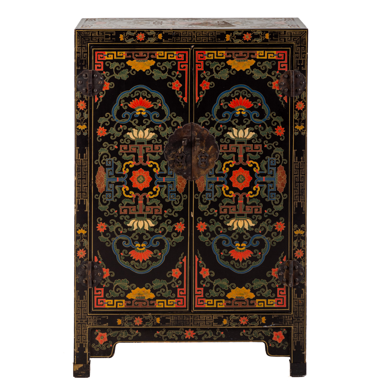 Appraisal: CHINESE LACQUERED DECORATED CABINET th century with elaborate polychrome Chinoiserie