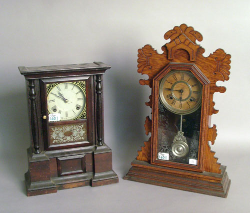 Appraisal: Ansonia gingerbread clock h together with an Atkins mantle clock