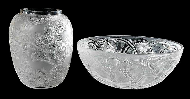 Appraisal: Lalique Pinsons Bowl and Biches Vase both marked Lalique France