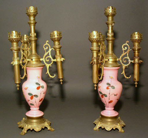 Appraisal: Pair of table lamps c pink glass and brass electrified