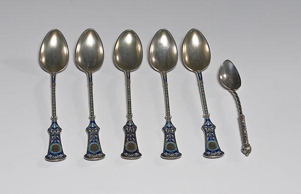 Appraisal: SIX CLOISONN ENAMEL SPOONS th century includes five enameled spoons