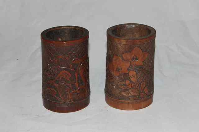 Appraisal: A PAIR OF CHINESE CARVED BAMBOO SPILL VASES each with