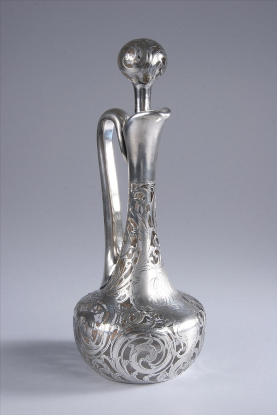 Appraisal: THEODORE B STARR STERLING OVERLAY DECANTER AND STOPPER early th