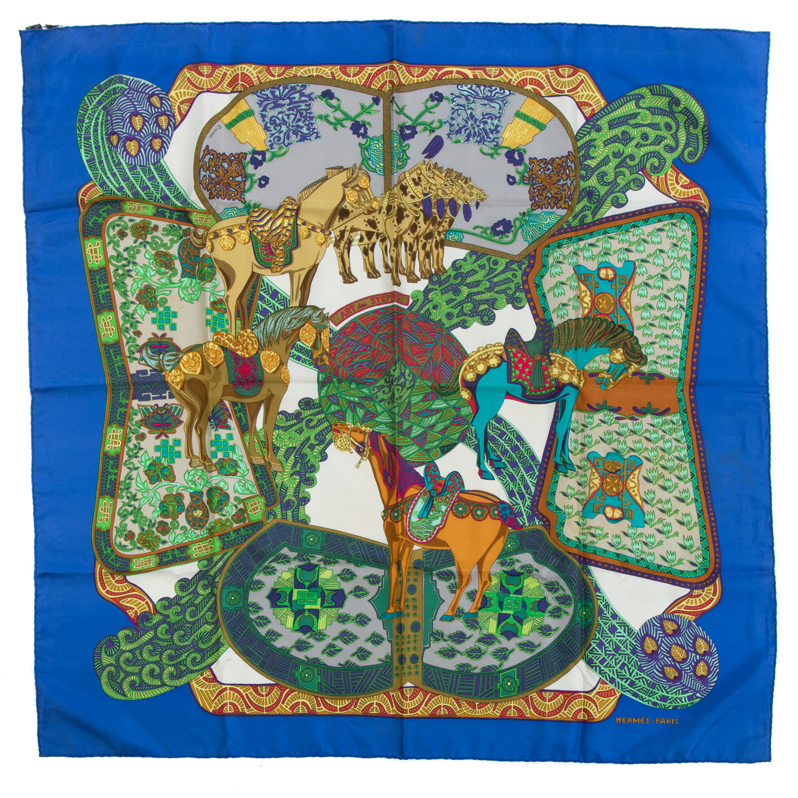 Appraisal: AN HERMES ART DES STEPPES SCARF Blue and green Hermes