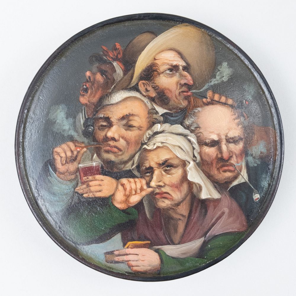 Appraisal: French Papier Mache Circular Snuff Box Decorated with Figures Enjoying