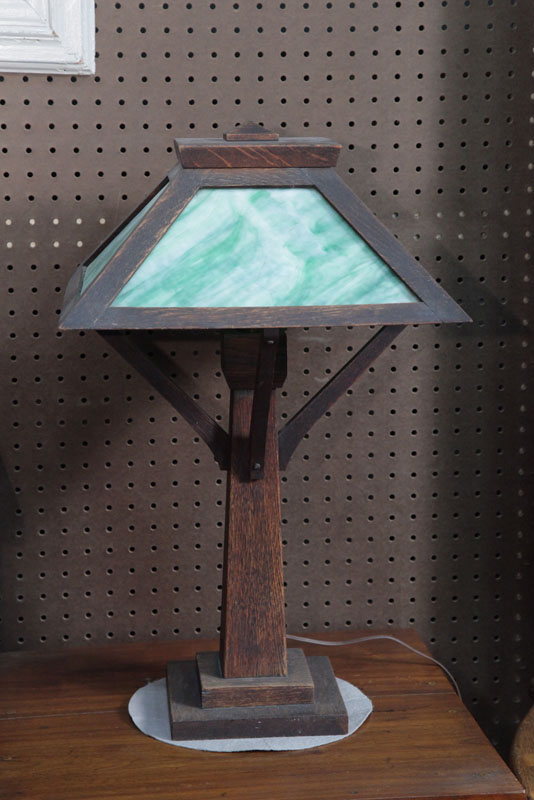 Appraisal: ARTS CRAFTS TABLE LAMP Oak lamp with mottled green and