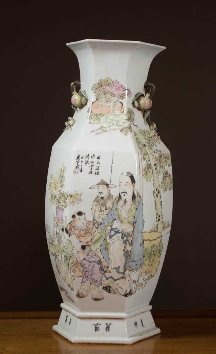 Appraisal: REPUBLICAN QIAN JIANG PORCELAIN VASE of hexagon form with applied