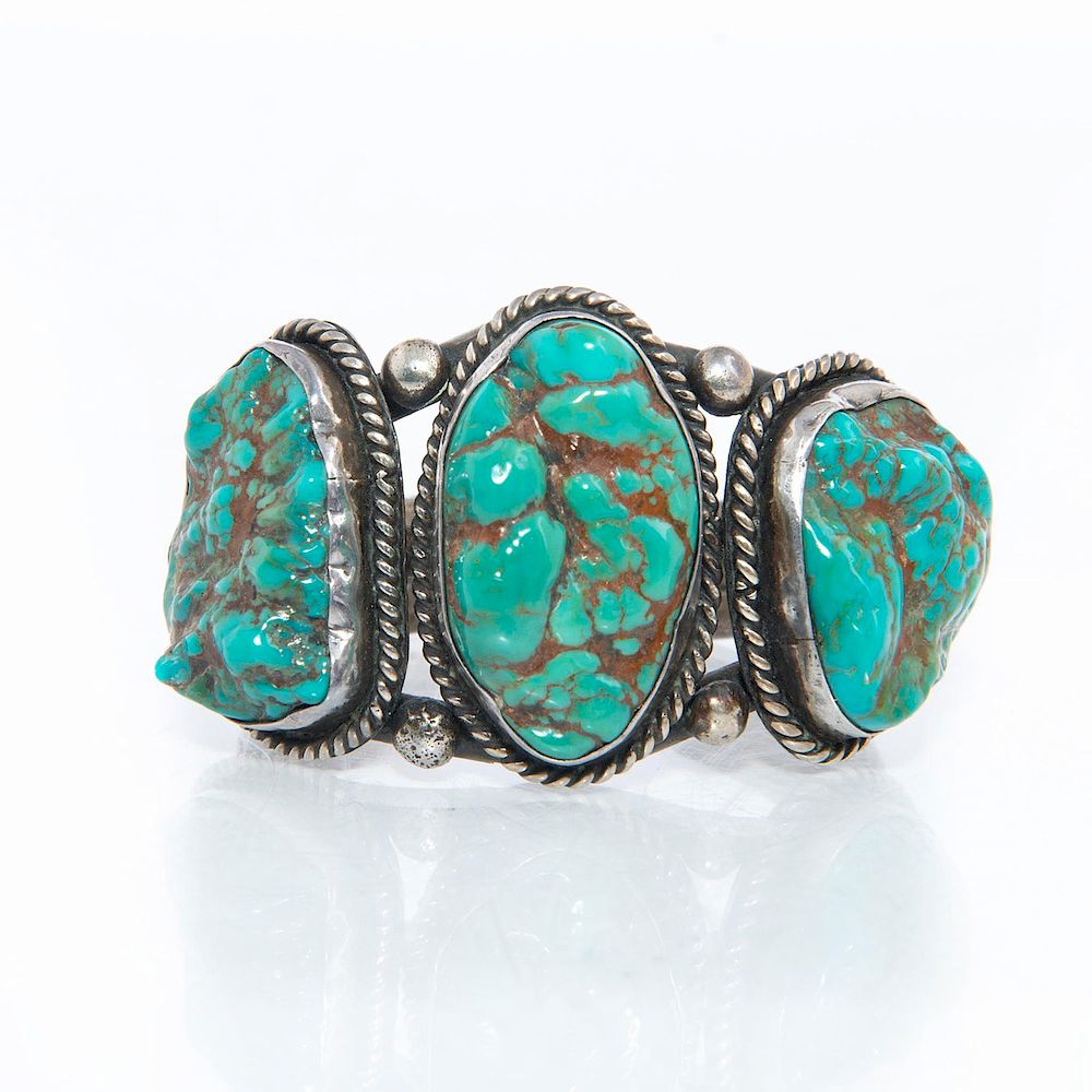 Appraisal: LOUISE YAZZIE SILVER TURQUOISE NAVAJO BRACELET Cuff bracelet with three