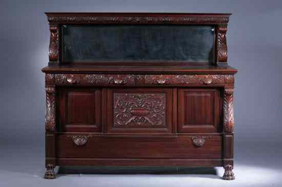 Appraisal: RENAISSANCE REVIVAL CARVED MAHOGANY TWO-DOOR SIDEBOARD Superstructure with mirror panel