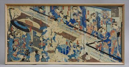 Appraisal: GROUP OF SIX JAPANESE FRAMED WOODBLOCK TRIPTYCHS Showing ladies at