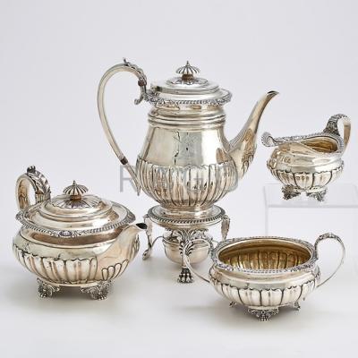 Appraisal: GEORGE III SILVER COFFEE SERVICE Four bulbous vessels with linen-fold