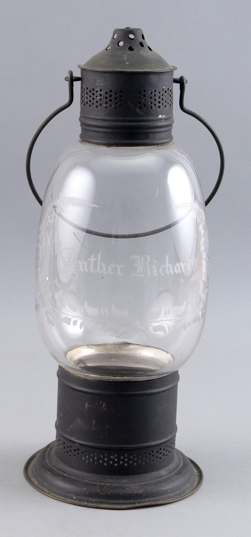 Appraisal: BLACK PAINTED BRASS AND ETCHED GLASS LANTERN LATE TH CENTURY