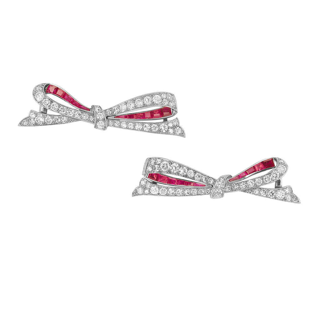 Appraisal: Pair of Platinum Diamond and Ruby Bow Hair Barrettes Cartier