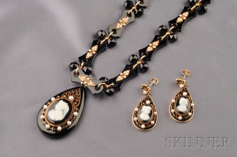 Appraisal: Antique Hardstone Cameo Onyx and Seed Pearl Suite the chain