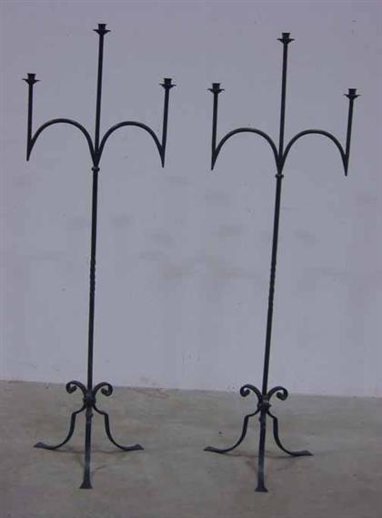 Appraisal: Pair of three light wrought iron candellabra H in