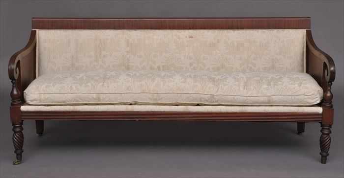 Appraisal: AMERICAN CLASSICAL MAHOGANY SOFA The tablet crest rail over rectangular