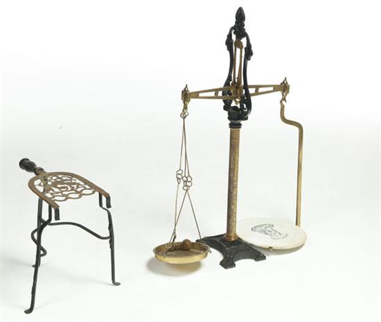 Appraisal: KETTLE STAND AND SCALE England th century Pierced brass stand