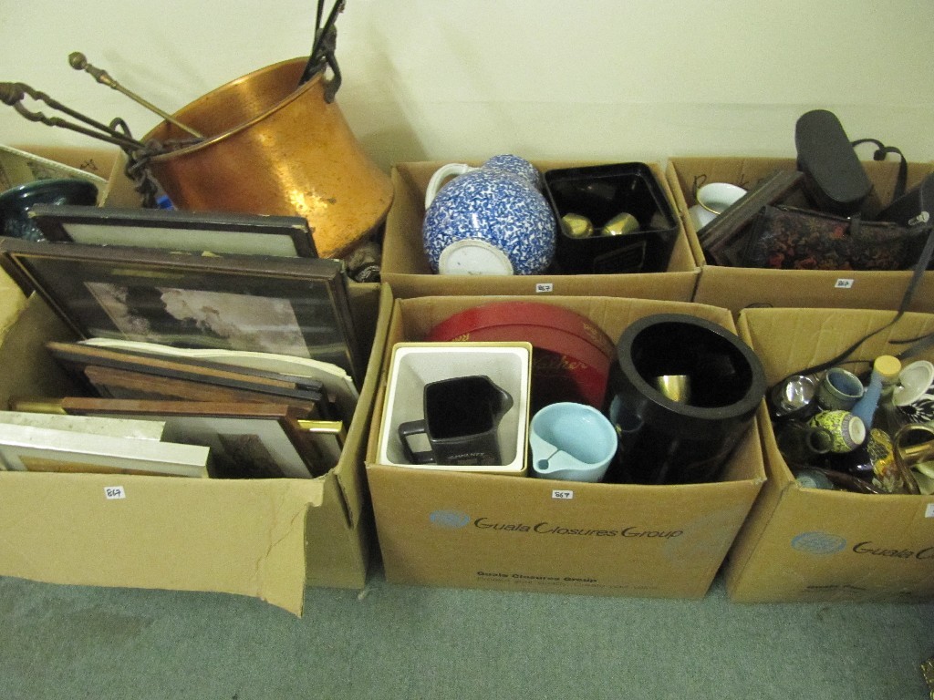 Appraisal: Fourteen boxes of assorted pictures China glass and bric-a-brac