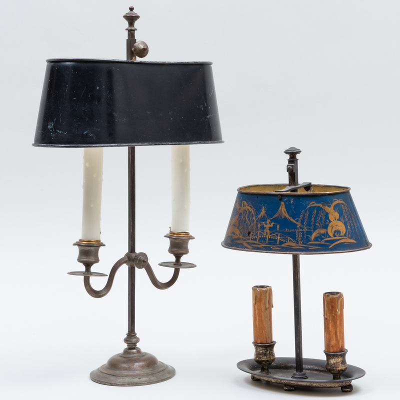 Appraisal: TWO CANDLESTICK LAMPS WITH T LE SHADES The larger x