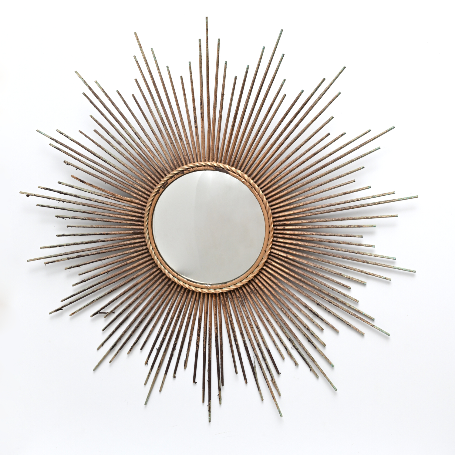 Appraisal: LARGE DESIGNER SUNBURST MIRROR st c distressed gold finished brass